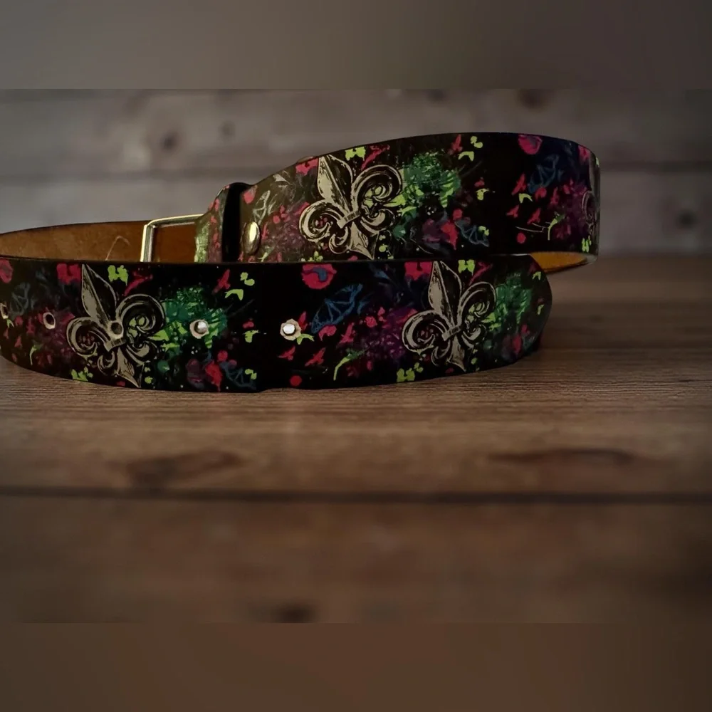 Black Leather Fleur de Lis Belt Mens 34-38 Floral Engraved Streetwear NWT